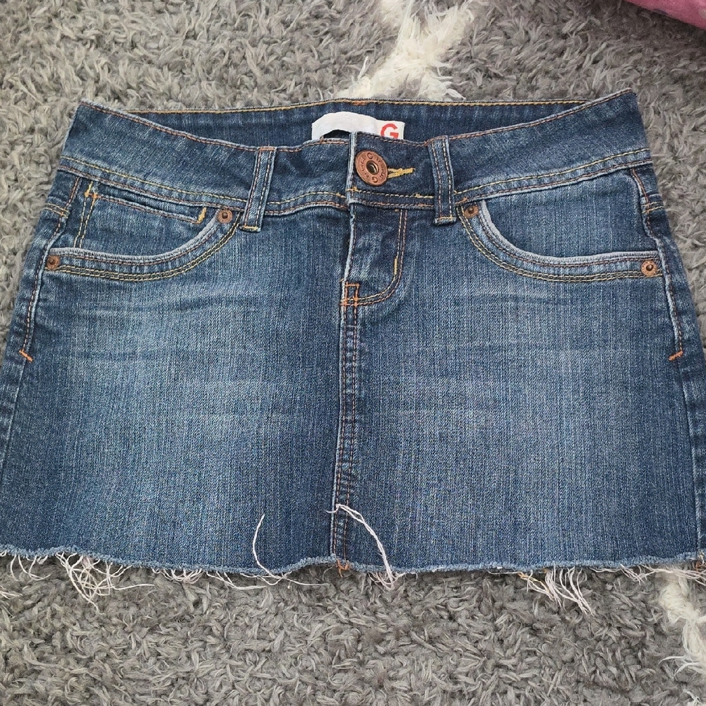 G by Guess Blue Denim Frayed Mini Skirt